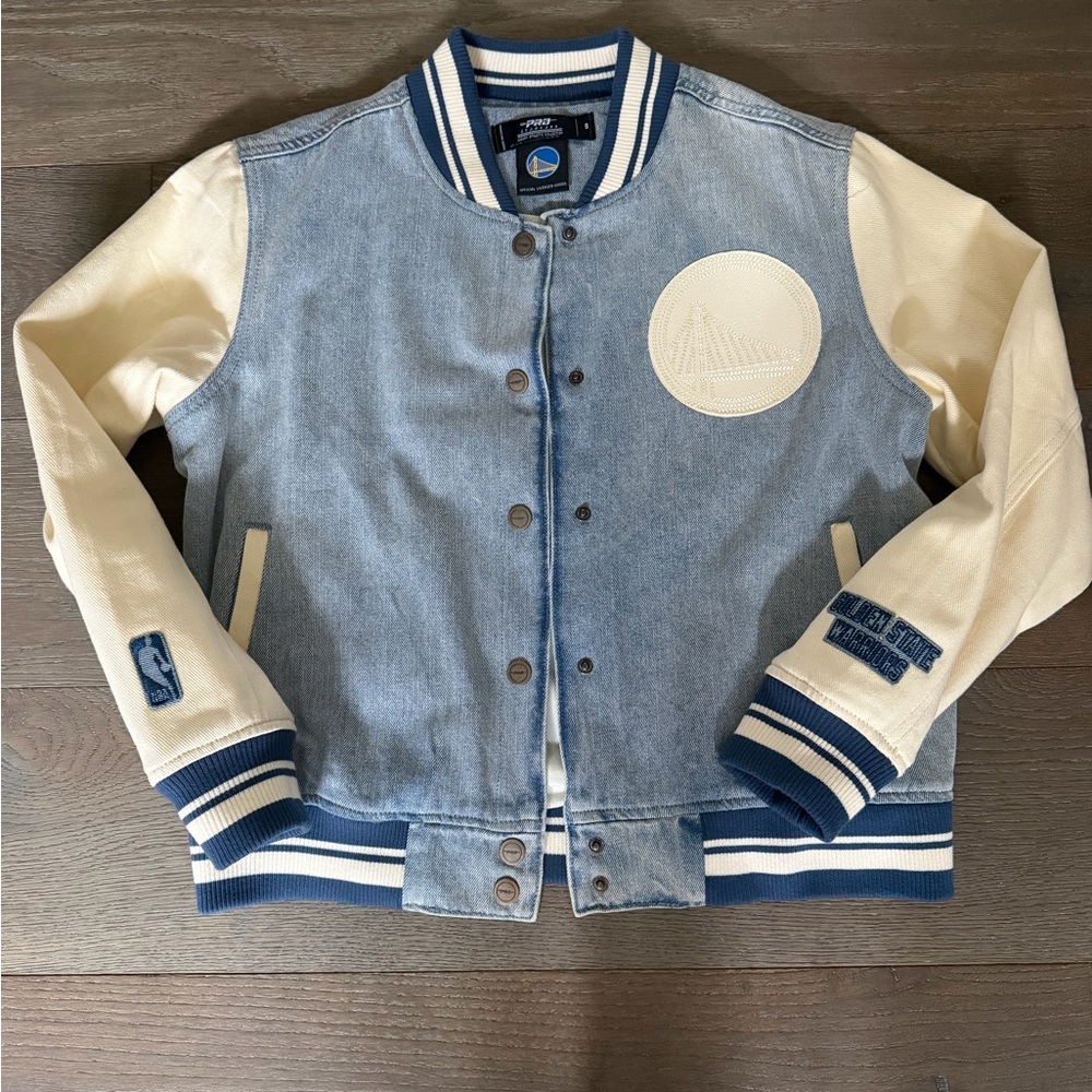 Pre ❤️ Authentic Golden State Warriors Denim and Cream Kids Varsity Jacket